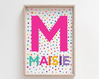 Girls Personalised Name Print, Girls Bedroom Prints, Nursery Wall Art, Pink Teal Colourful, Girls Bedroom Decor, Playroom Prints
