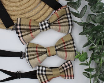 Father and Son Bowtie, Plaid Beige Bowtie, Baby Bowtie, Kid Bowtie, Men's Bowtie, Christmas Accessories, Cotton Bowtie, Tartan plaid