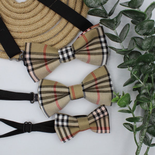 Father and Son Bowtie, Plaid Beige Bowtie, Baby Bowtie, Kid Bowtie, Men's Bowtie, Christmas Accessories, Cotton Bowtie, Tartan plaid