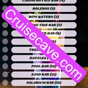 May include: A list of bars on the Allure of the Seas cruise ship, with the number of drinks included in the bar crawl listed next to each bar name. The list includes Casino Royale Bar, Boleros, Bow & Stern, The Lime & Coconut, and Wipe Out Bar.