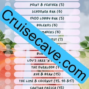 以下が含まれることがあります： アイコン・オブ・ザ・シーズのクルーズ船にあるバーのチェックリスト。リストにはバーの名前とデッキ番号が記載されています。画像は、ピンクのレモネードとライムレモネードのグラスのコラージュです。