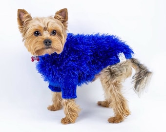 Handmade faux fur fluffy sweater for small dogs, handknitted fluffy dog jumper for medium dogs, blue dog jumper, red dog sweater