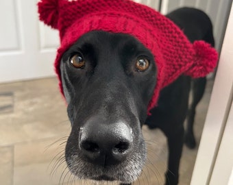 Handmade wool dog hat with horns and pompom for small dogs - handknitted wool dog snood for medium dogs - handmade dog beanie with pompom
