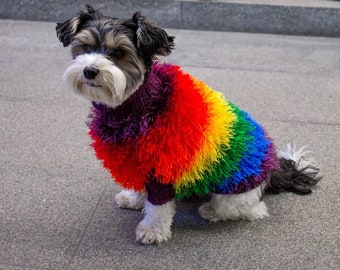 Handmade fluffy dog jumper in rainbow colors for small dogs, handknitted faux fur rainbow dog jumper for medium dogs, pride dog sweater