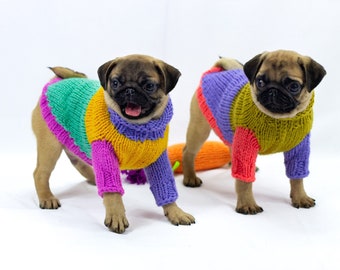 Handmade wool blend dog sweater for small dogs in colour block -  Colorful handknitted dog jumper for medium dogs - neon dog sweater