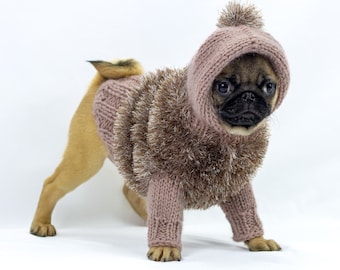 Handmade faux fur dog sweater with hoodie for small dogs - handknitted fluffy dog jumper with hoodie for medium dogs - fluffy brown dog coat