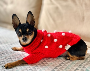 Handknitted woolly dog sweater with pompoms for small dogs  -  handmade woolly pompom jumper for medium dogs with long sleeves