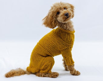 Handknitted mustard woolly dog jumpsuit for small dogs - handmade mustard woolly dog onesie for medium dogs