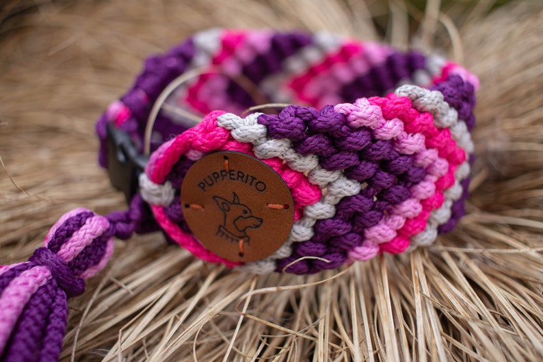 Handbraided vegan paracord ID tag dog collar with tassels Custom colorful handmade house collar with tassesl Customize your colours Pink Betta