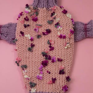 May include: A pink knitted dog sweater with a purple trim and colourful flower embellishments.