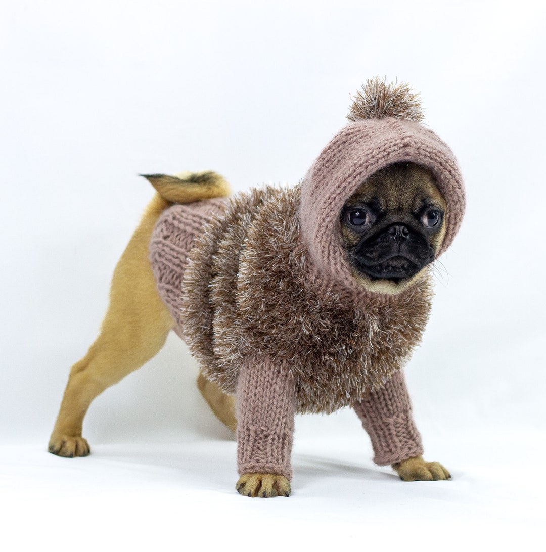 Handmade Faux Fur Dog Sweater With Hoodie for Small Dogs Handknitted