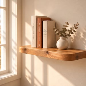 Peut inclure: Une étagère flottante en bois naturel aux bords arrondis supportant trois livres intitulés The Kinfolk Home, At Home et The Nature of Home, ainsi qu'un petit vase en céramique blanc cassé contenant une branche de feuilles d'eucalyptus.