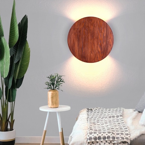 Up Down Light Round Wood Sconce Led Wall Lighting Minimalist - Etsy