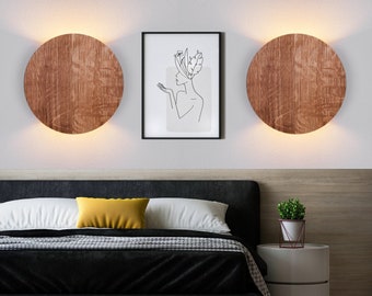 2 OAK up down wall sconce Round wood lamp Plug in wall sconce wood minimalist light