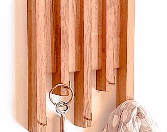 Wall wooden key holder with 5 brass hooks. Entryway key hanger. 5th anniversary gift from Ukraine