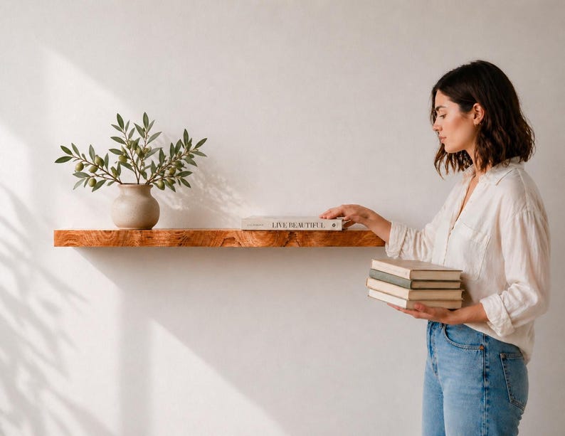 May include: A natural edge wooden floating shelf mounted on a wall, featuring a light brown wood grain. A beige ceramic vase with green olive branches sits on the left, and a book titled LIVE BEAUTIFUL rests on the shelf surface.