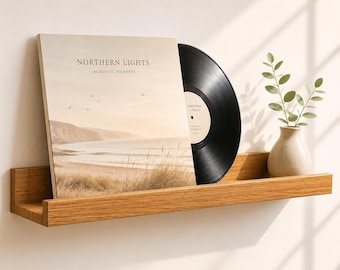 Oak Vinyl Record Ledge Shelf – Floating Picture Frame Shelf with Lip, Narrow Book Display Shelf, Minimalist Wall Ledge