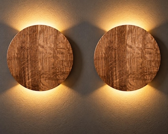 Round Wood Sconce Pair, Oak Up-Down LED Wall Lamp