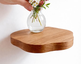 Oak Floating Wall Shelf – Small Wooden Wall Mounted Display Shelf for Plants, Minimalist Bedside or Entryway Decor