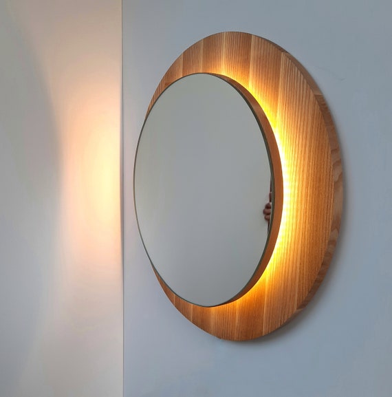 Circular mirror SUN backlit Round Wall Mirror wooden Entry Etsy