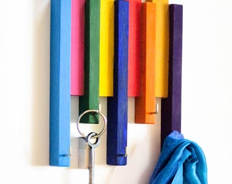 Colorful wooden key holder for wall. Key rack wall mount. Entryway key hooks. Quirky colourful home decor from Ukraine