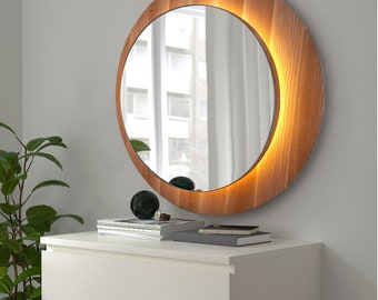 Wooden circle mirror SUN with backlight LED. Round wall mirrors decor for hallway, bathroom and bedroom. 5th anniversary gift from Ukraine