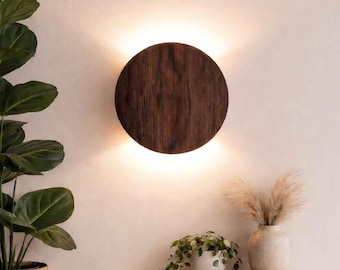 Round Wooden Wall Sconce Lamp, Modern LED Wall Light, Plug In Night Light, Handmade in Ukraine