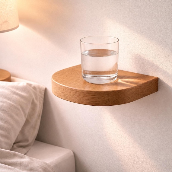 Small Floating Shelf Oak – Bedside Wall Shelf for Phone & Keys, Entryway Key Shelf, Mini Nightstand, Wall Mounted Shelf