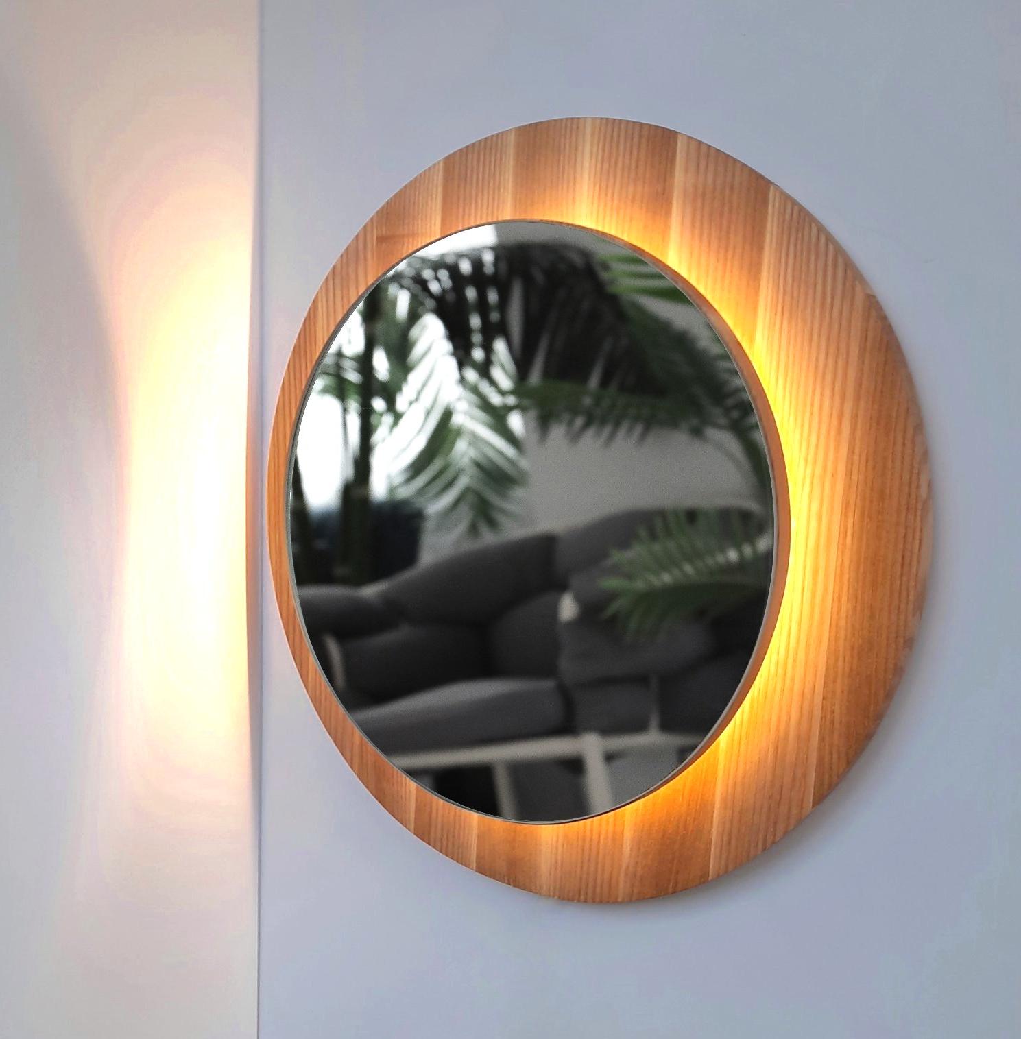 Decorative round mirror with LED Night Light. Wooden wall mirrors boho. 5th anniversary gift from Ukraine