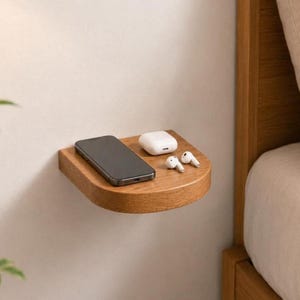 May include: A semi-circular wooden wall-mounted shelf with a natural grain finish. Resting on the flat surface are a black smartphone, a white rectangular charging case for wireless earbuds, and a pair of white wireless earbuds.