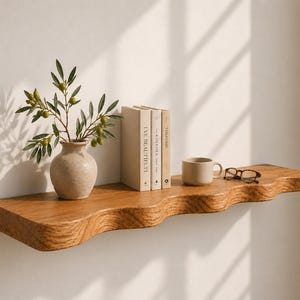 Organische wandplanken eikenhout – lange golvende zwevende plank met beugels – gebogen houten plank voor boeken