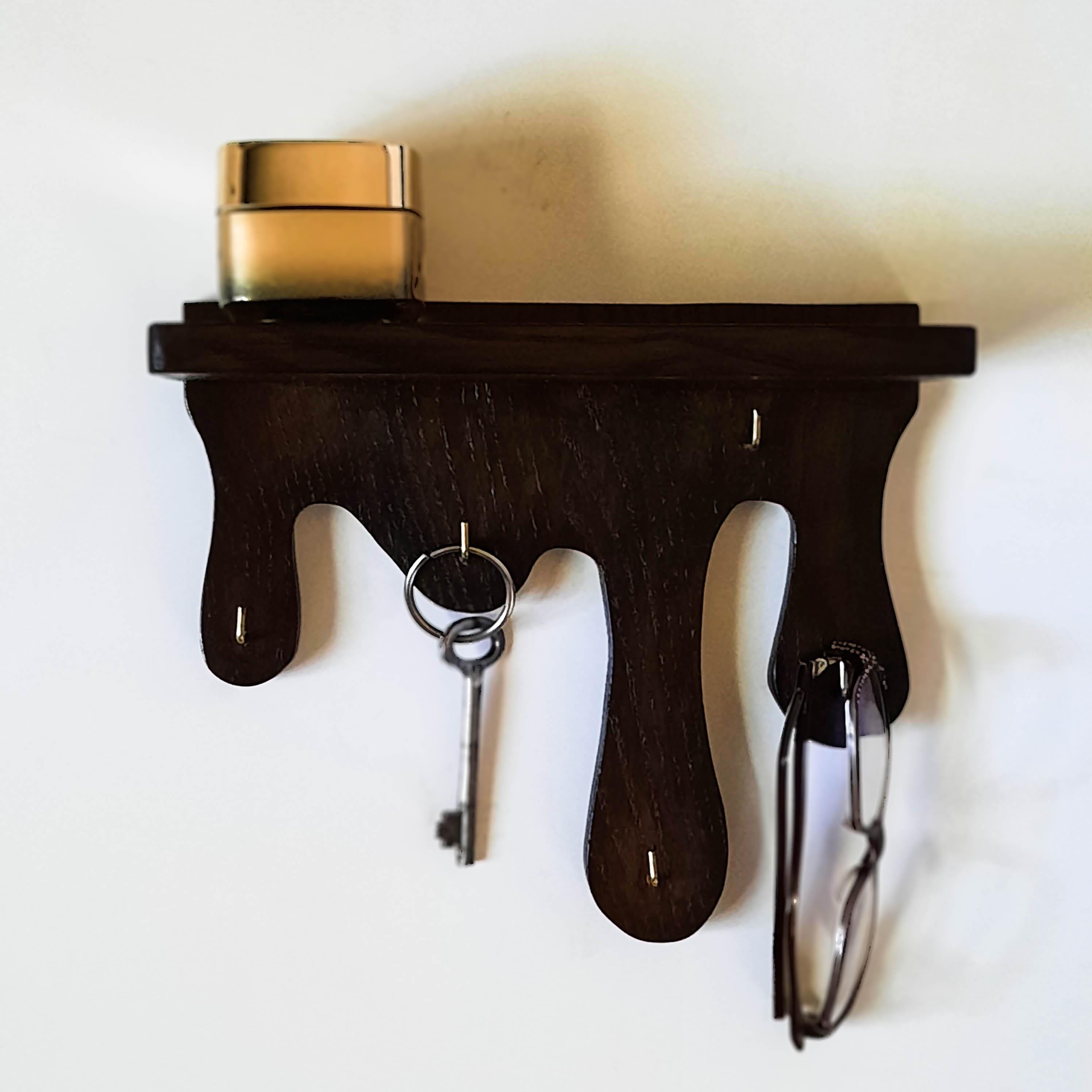 Black DRIPPY wall shelf. Wooden key holder for wall. OAK mail and key organizer for entryway.  Unusual wooden gifts made in Ukraine