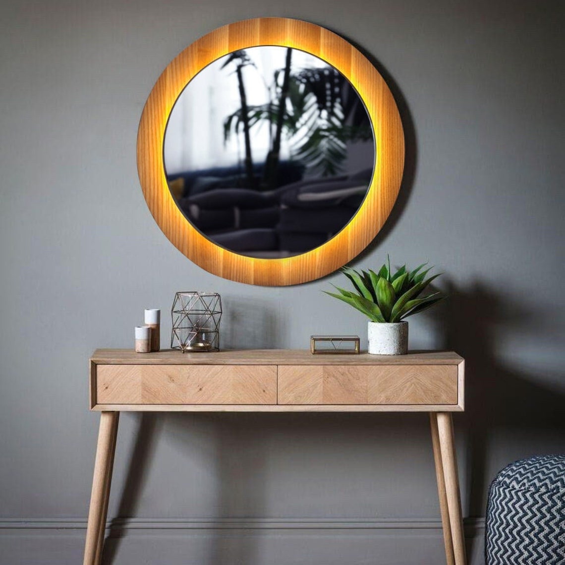 Round LED Mirror Wood Circle Mirror With Lights Aesthetic Etsy
