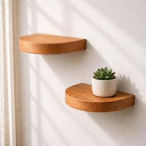 Puede incluir: Dos estantes de madera semicirculares montados en una pared blanca. Los estantes son de color marrón cálido, con vetas de madera visibles. Un estante contiene una pequeña maceta blanca con una planta suculenta verde. Solución de almacenamiento decorativa.