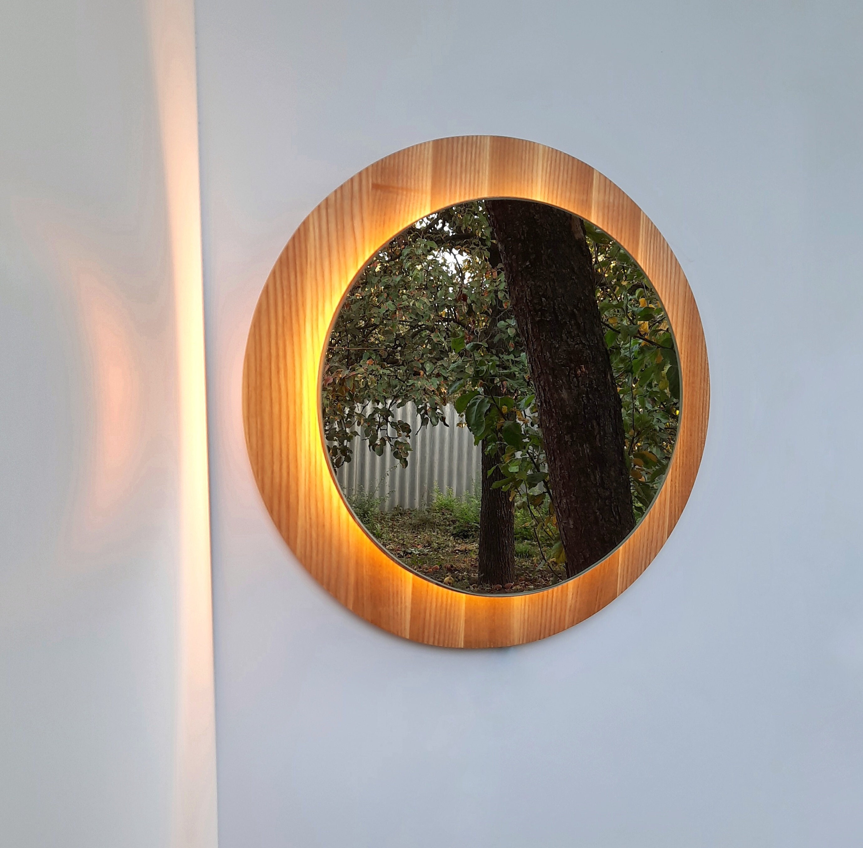 Circular mirror SUN backlit Round Wall Mirror wooden Entry Etsy