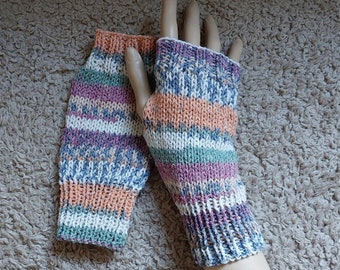Hand Knitted Ladies Wrist Warmers/ Fingerless Gloves in Soft Multi Coloured Acrylic/Cotton/Wool Blend Yarn