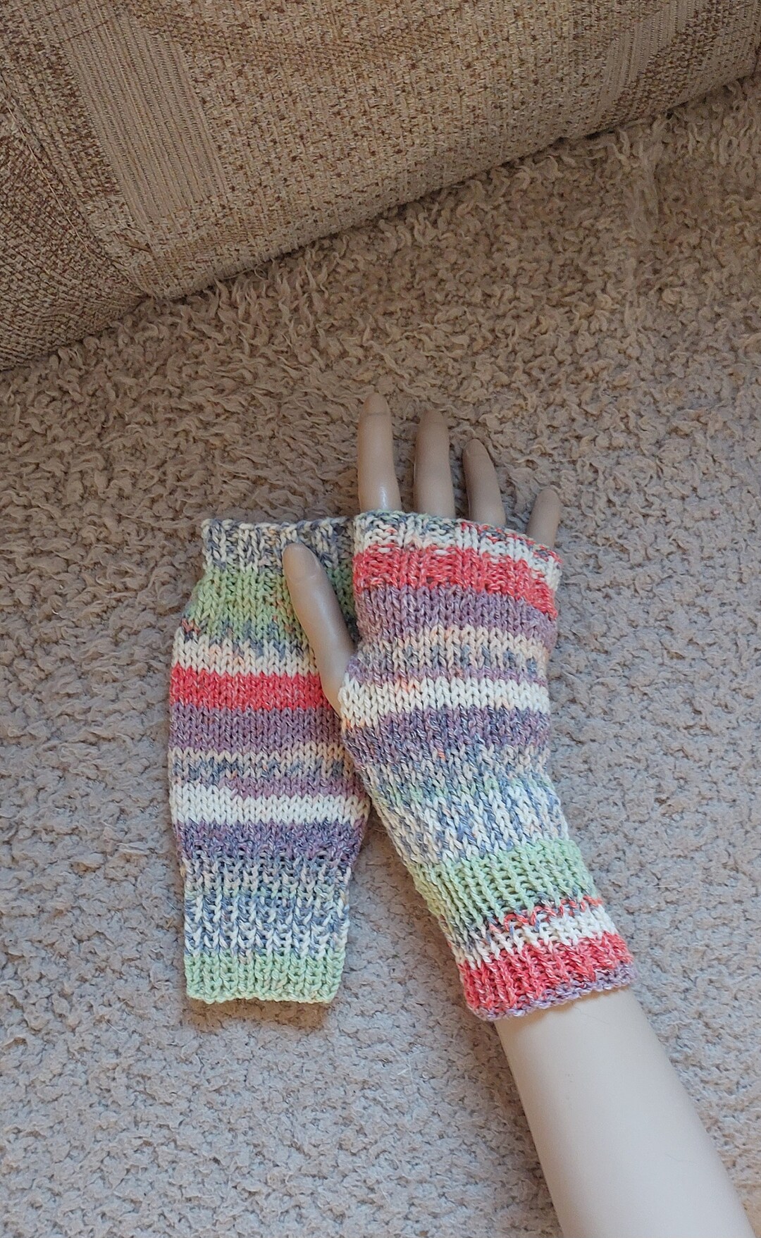 Hand Knitted Ladies Wrist Warmers/ Fingerless Gloves in Soft Multi