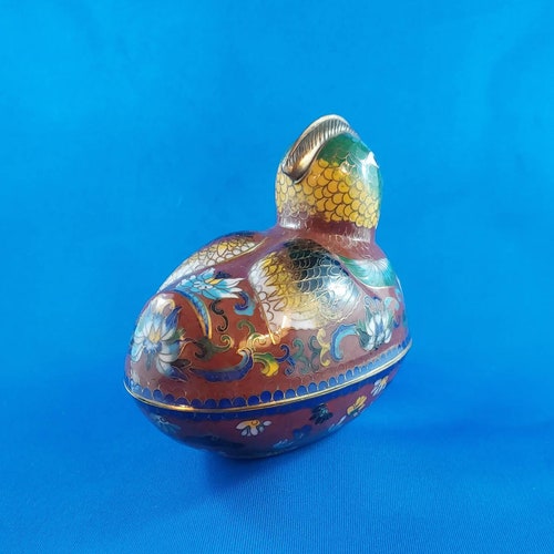 Vintage, Chinese/Asian, Enamel/Cloisonne Lidded Trinket shops Dish,/Pot Bird/Duck