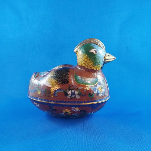 Vintage, Chinese/Asian, Enamel/Cloisonne Lidded Trinket shops Dish,/Pot Bird/Duck