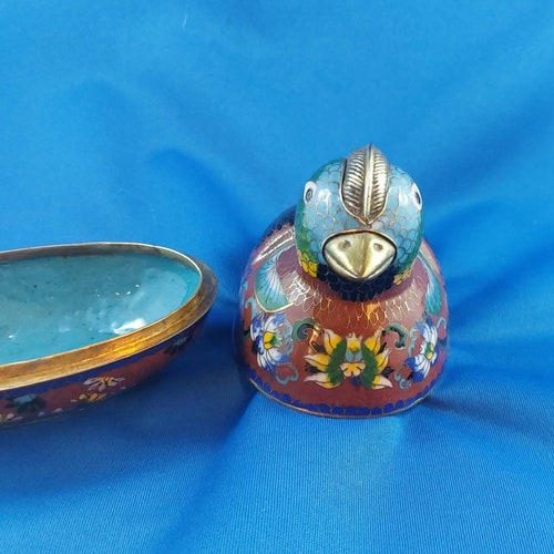 Vintage, Chinese/Asian, Enamel/Cloisonne Lidded Trinket shops Dish,/Pot Bird/Duck