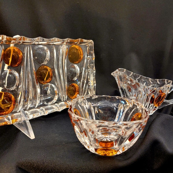 Unique, Vintage, Clear/Amber, Cream/sugar with Tray