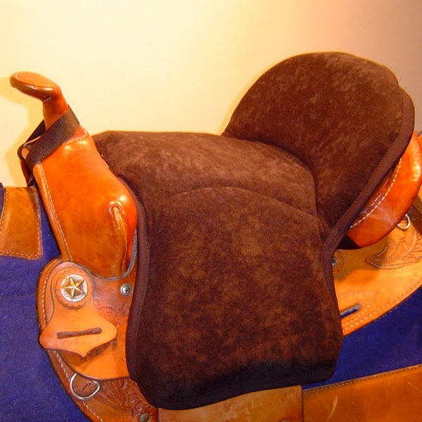 Long Western or Aussie seat saver for Western, English or Aussie horse saddles comfort, grip, stays on secure fabric choices
