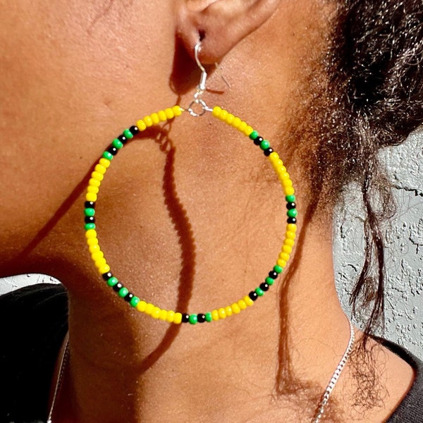 Jamaican Colors Beaded Hoop Earrings