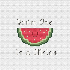 May include: A white background with the text "You're One In a Melon" in black font. A pixelated watermelon slice with a smiling face is in the center of the image.
