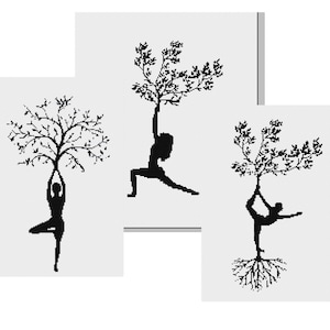 May include: Three black and white silhouette images of people doing yoga poses with trees growing out of their bodies. The trees have branches and leaves. The first image shows a person in a tree pose. The second image shows a person in a warrior pose. The third image shows a person in a downward-facing dog pose.