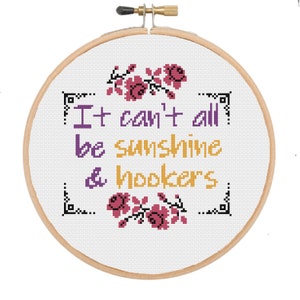 Sunshine and hookers cross stitch pattern PDF, cross stitch pattern, funny cross stitch
