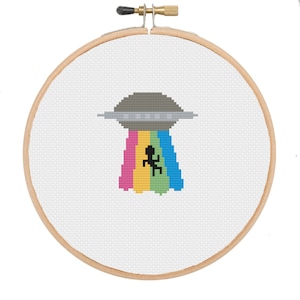UFO cross stitch pattern PDF, UFO cross stitch, space cross stitch, rainbow cross stitch