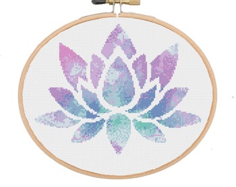 Watercolor lotus cross stitch pattern PDF, watercolor lotus, lotus cross stitch, flower cross stitch