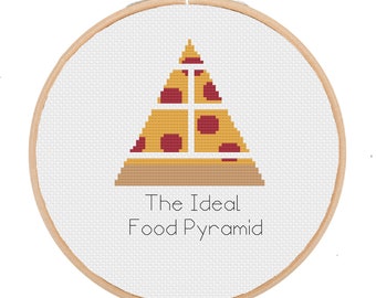 May include: A white embroidery hoop with a cross-stitch design of a pizza slice shaped like a food pyramid. The text below the pizza reads "The Ideal Food Pyramid".