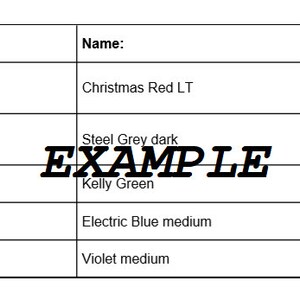 May include: A table showing DMC floss colors and lengths needed for a craft project. The colors are Christmas Red LT, Steel Grey dark, Kelly Green, Electric Blue medium, and Violet medium. The table includes the DMC number, color name, number of strands, and length in yards.